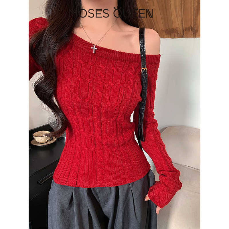 < MOSESQUEEN > Spice Girl เสื้อสเวตเตอร์ไหล่แนวทแยงหญิงฤดูหนาว Retro Twist Strapless Slim Joker Bottoming กันหนาว #59808