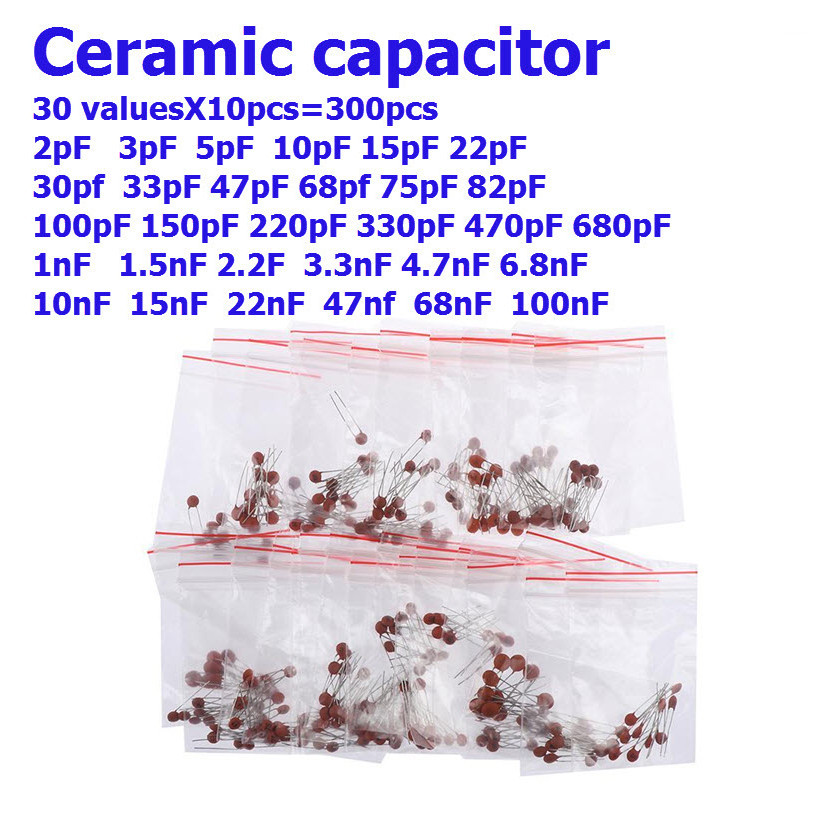 Ceramic capacitor 30 valuesX10pcs=300pcs 2PF-0.1UF 2PF 3PF 680PF 1NF 1.5NF 68NF 100NF 0.1UF