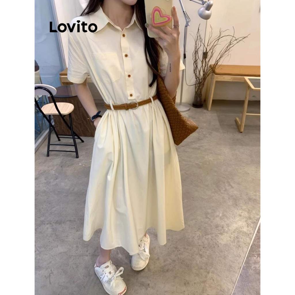 (Trendy) Lovito ชุดเดรสหรูหรา ชุดเดรสปุ่มธรรมดาสําหรับผู้หญิง LNE70163