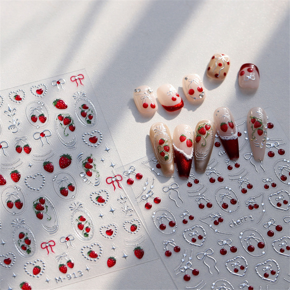 【ซื้อ 1 แถม 1】สติกเกอร์ตกแต่งเล็บ DIY ลายสตรอเบอร์รี่เชอร์รี่สำหรับเด็ก รุ่น Light Luxury Silver Bow