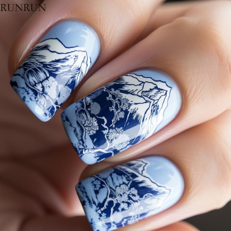 RUN 24 ชิ้นศิลปะทิวทัศน์จีนเล็บห่อสําหรับแฟชั่นวันประกาศอิสรภาพดู