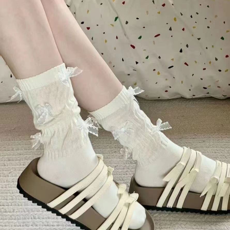 หลายโบว์ตกแต่งสีทึบหวานน่ารักสำหรับนักเรียน เจเค ถุงเท้ากลางหลอดผู้หญิง