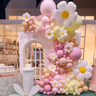 126ชิ้น มาการอง สีชมพูแสงสีเหลืองสีชมพูเดซี่ดอกไม้บอลลูนพวงม…