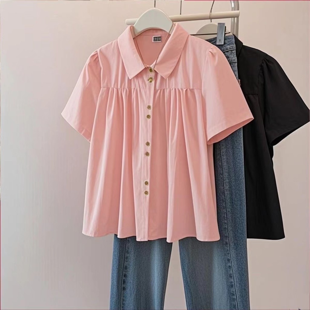 เสื้อเบลาส์เสื้อโปโลแขนสั้นทรงหลวมแฟชั่นสตรีเกาหลี