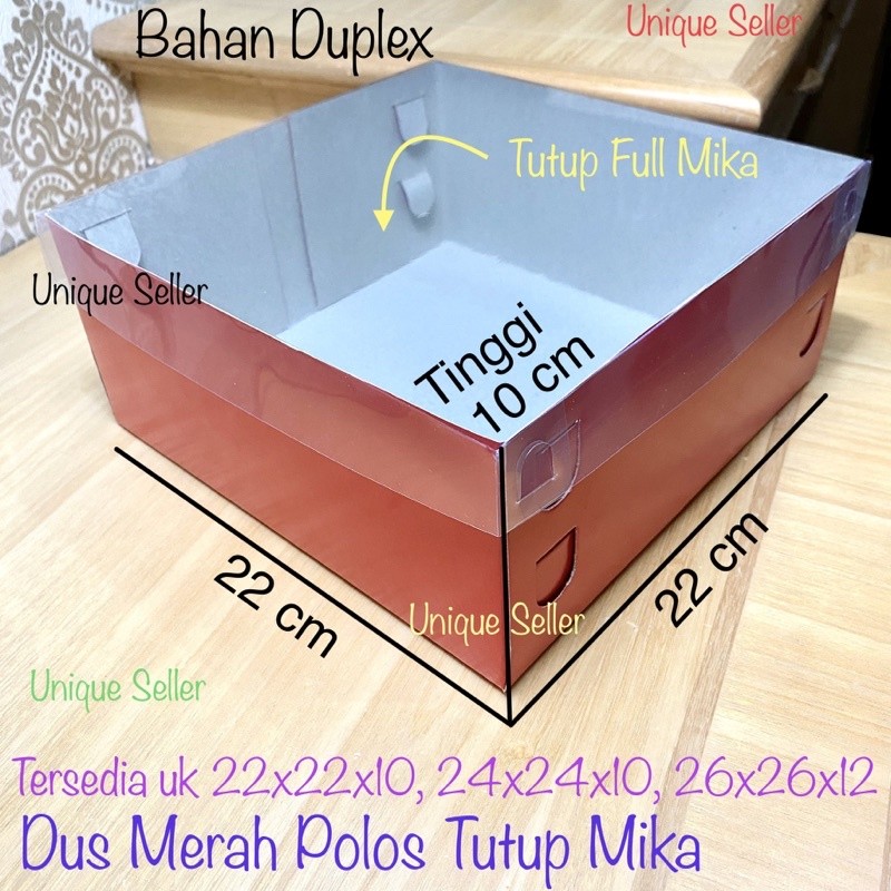 MERAH [ต่อเนื่อง 10] กล่องสีแดง PLAIN พร้อมฝาปิด MICA 22x22x10 ซม. / กล่องข้าวสีแดง 22x22 x 10 ซม. /