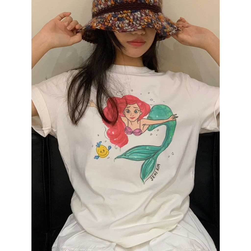 เกาหลี ผ้าฝ้าย100% เสื้อยืดแขนสั้น Oversize CMDXY7961ผู้ชาย ผู้หญิง ลายทาง ตัวอักษร การ์ตูน หลวม ฤดูร้อน ฤดูใบไม้ผลิ