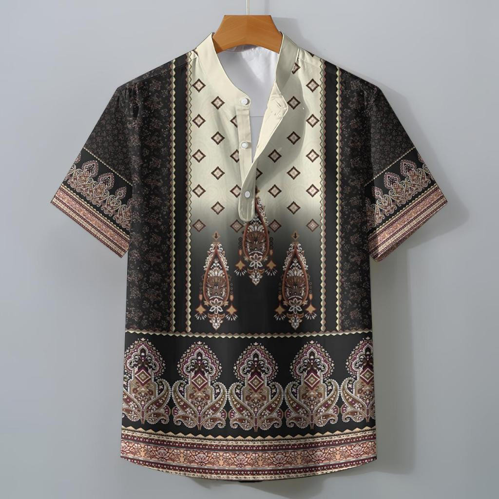 เสื้อยืนปกแขนสั้นสไตล์บารอนจีนแบบชาติพันธุ์ สำหรับผู้ชาย ลายดอกไม้อาเซียน ทรงหลวมระบายอากาศ ทรงโบฮีเมียนขนาดกว้าง