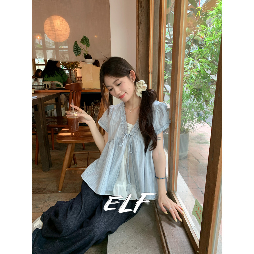 เสื้อเชิ้ตแขนสั้นลายทางคอวีดีไซน์สไตล์เกาหลี