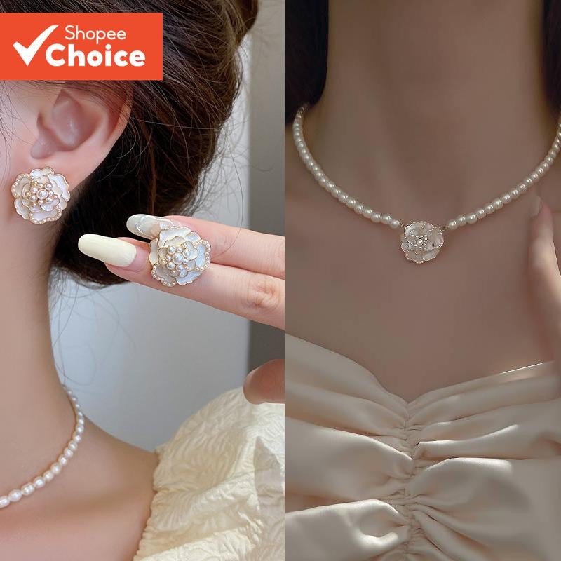 3ชิ้นใหม่มุกดอกคามิเลียต่างหูสตั๊ดและชุดสร้อยคอ-วินเทจแฟชั่นเครื่องประดับเกาหลี-ของขวัญแต่งงานที่สมบูรณ์แบบสําหรับผู้หญิง