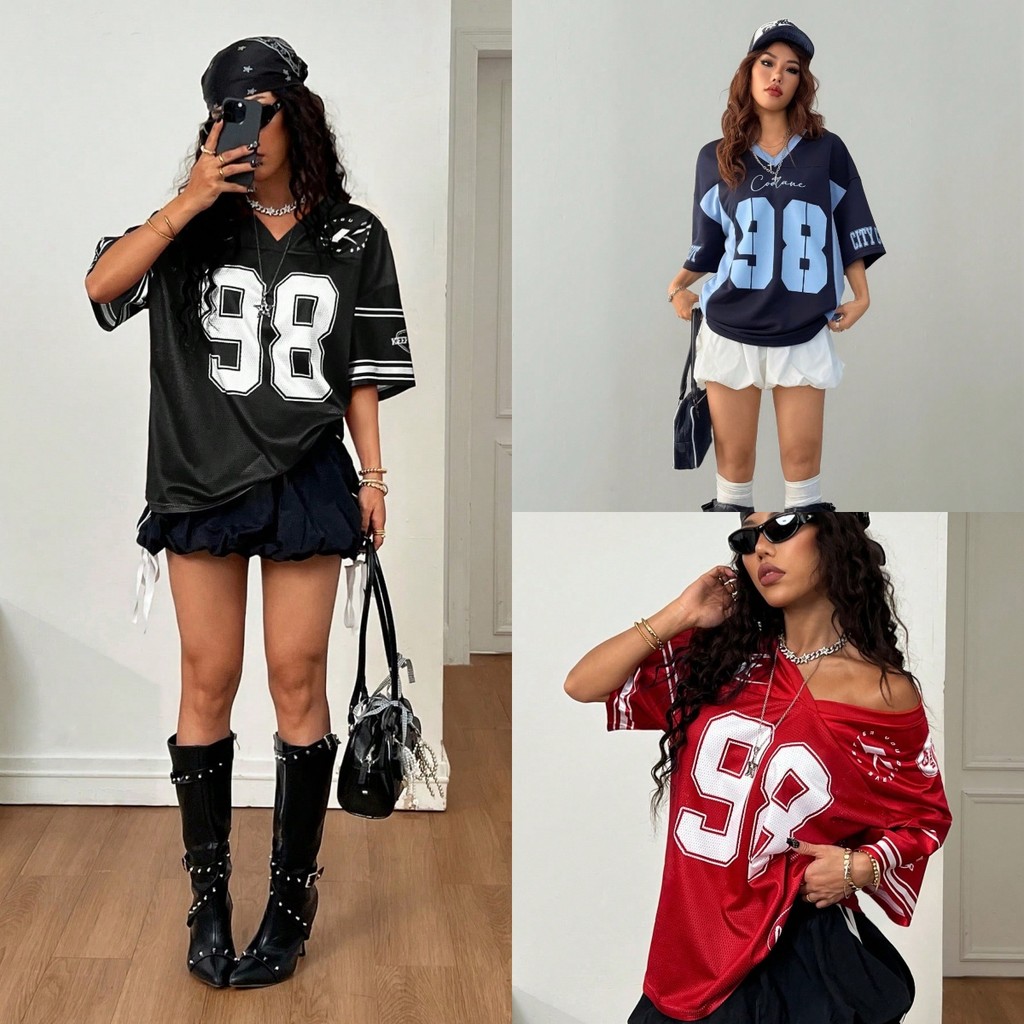 American Korean Jersey No.98 High Street เสื้อยืดแขนสั้นคอวีสําหรับผู้ชายและผู้หญิง Ins หลวม Oversize Hiphop เสื้อยืดแขนสั้นลําลอง