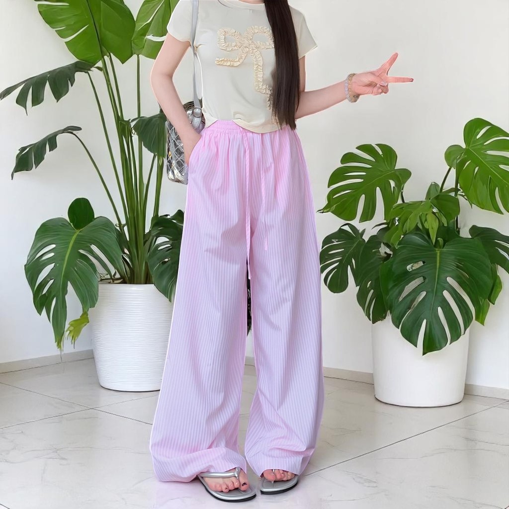 กางเกงขายาวแฟชั่น (ตระกร้านี้สำหรับลูกค้าที่สูงไม่เกิน 160 cm.) กางเกงลำลองขายาว ลายทาง เอวยางยืด พร้อมส่ง สาวอวบใส่ได้ - รูปที่ 2