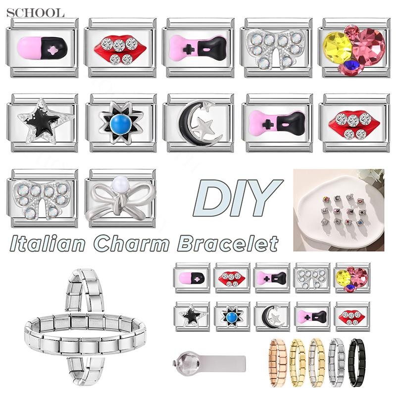 Black Star Moon สร้อยข้อมือ Charm อิตาเลี่ยน Fit 9 มม. สแตนเลส DIY เครื่องประดับ Retro บุคลิกภาพโมดูลสำหรับสร้อยข้อมือ