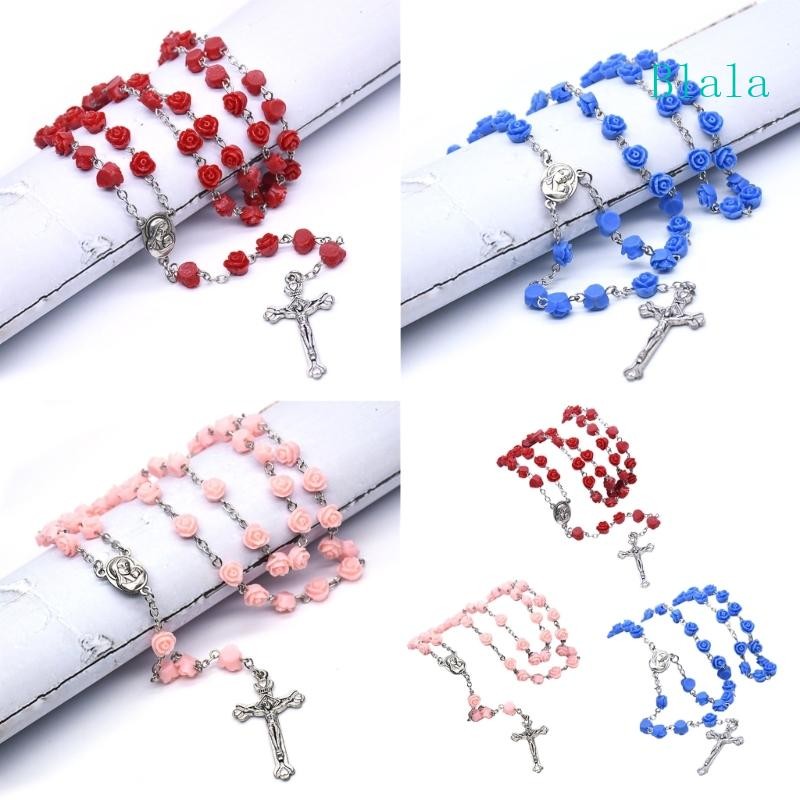 Blala สไตล์ Rose ดอกไม้ลูกปัดสร้อยคอลูกประคําจี้ Crosses คาทอลิกism สวดมนต์ศาสนาเครื่องประดับสําหรับ