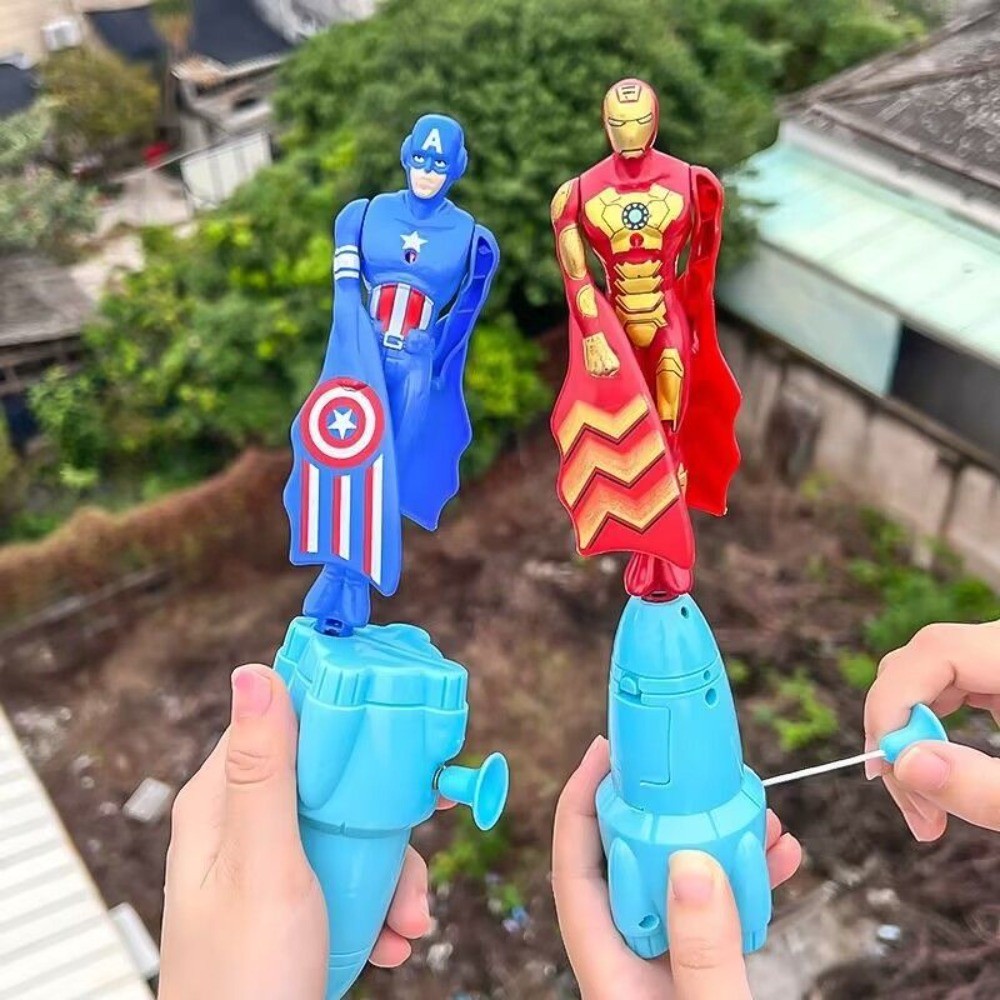 การ์ตูนสไปเดอร์แมนบินของเล่นซูเปอร์แมนกัปตันอเมริกาไอรอนแมนดึงสตริงของเล่นไม้ไผ่แมลงปอปั่นเปิดตัวของเล่น - รูปที่ 2