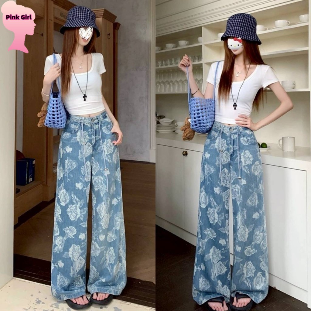 💋Pink girl💋​พร้อมส่ง กางเกงเอวสูง ขายาว ดีเทลลายดอกไม้สียีนส์ ' NZ88106