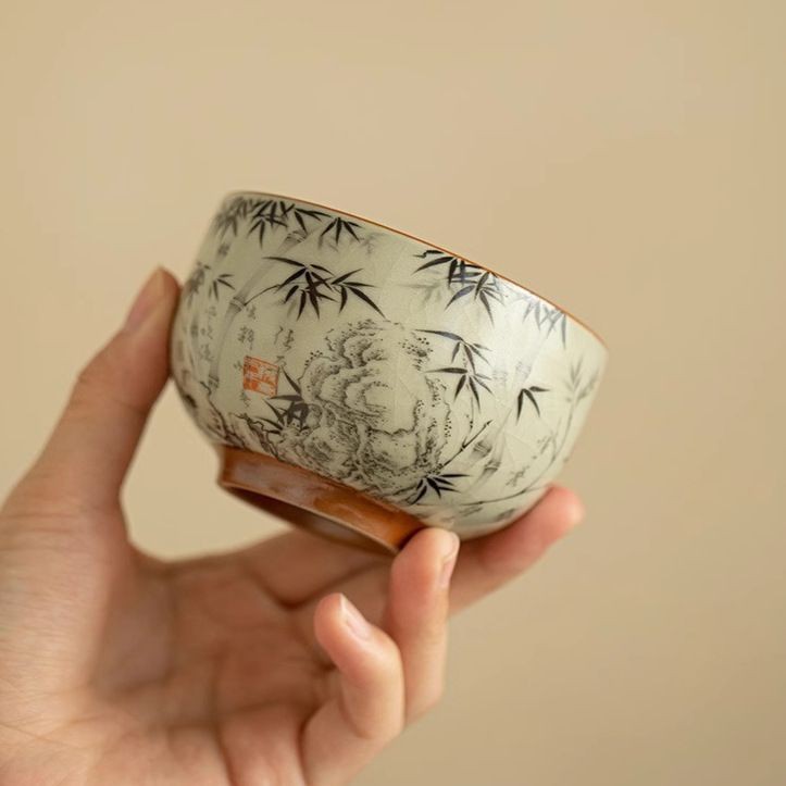 สรรเสริญตอนที่สองของ Song Ru Kiln Ink Bamboo Copper Heart Cup Ceramic Roil二 Tong Sing Red Red Red Re