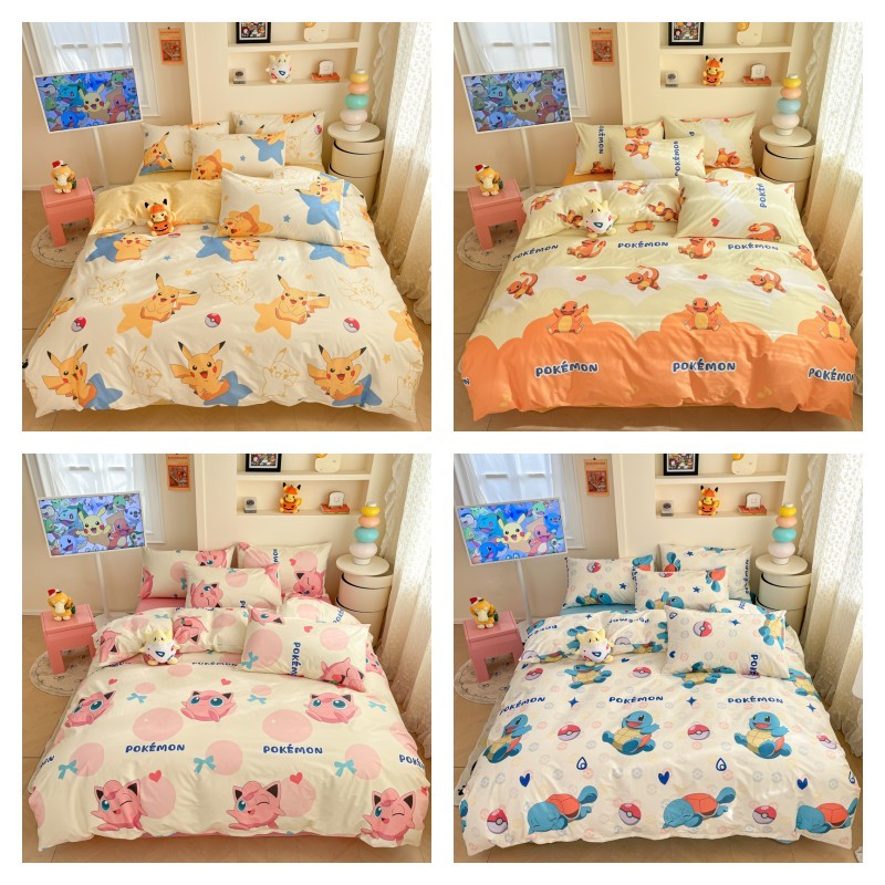4 IN 1 ผ้าฝ้าย 100% Pokemon Pikachu พิมพ์ชุดผ้าปูที่นอนสําหรับเด็กสไตล์การ์ตูนชุดเครื่องนอนผ้านวมแผ่นแบน/แผ่นติดตั้งปลอกหมอนเดี่ยว Queen King ขนาด