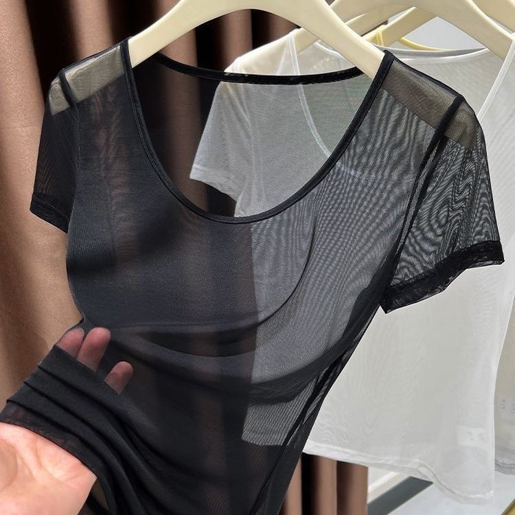 เสื้อยืดแขนสั้นคอกว้างซีทรู .material=ผ้าไหมน้ำแข็ง สำหรับผู้หญิง ฤดูร้อน 2025