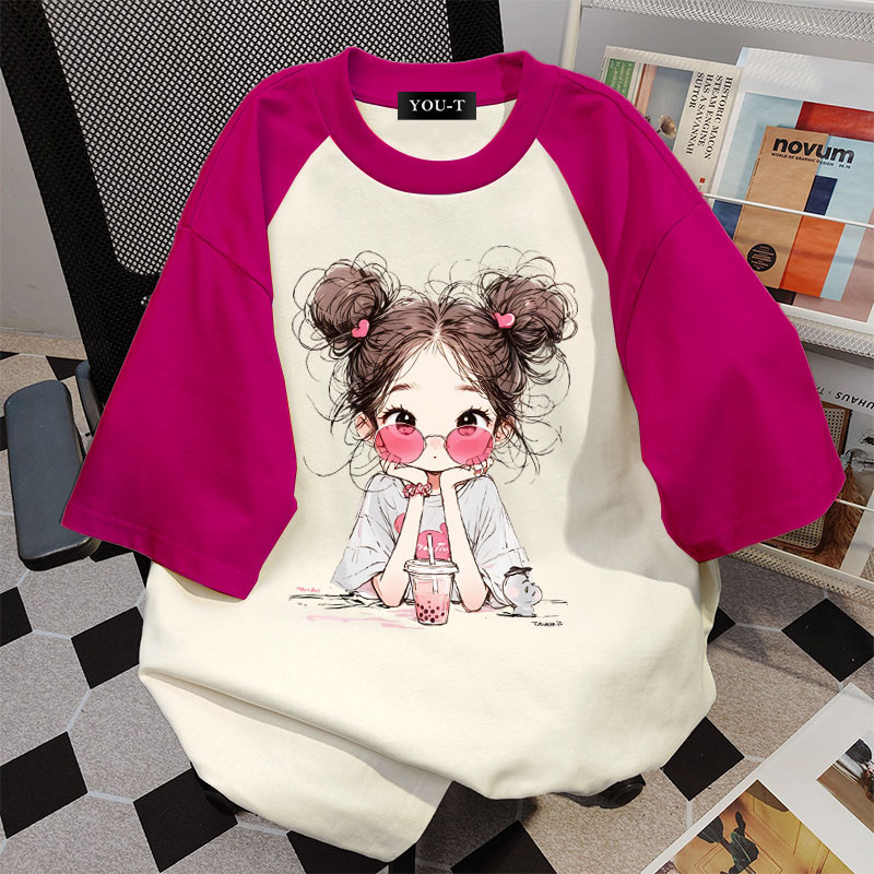 T42.SHOP🌸เสื้อทูโทน เสื้อน่ารัก สื้อยืด oversize โคตรนุ่ม ผ้าคอตตอน ลาย "milk tea Girl" สินค้าใหม่2025