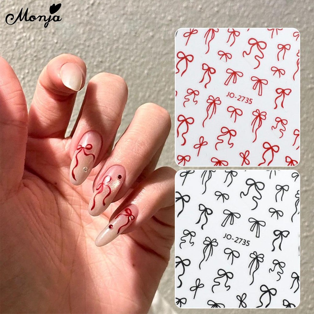 Monja 3D สติ๊กเกอร์ติดเล็บ Bowknot Decals ริบบิ้นผีเสื้อ Sliders เล็บออกแบบตกแต่งสีดําสีขาวสีแดง – โปรปัง