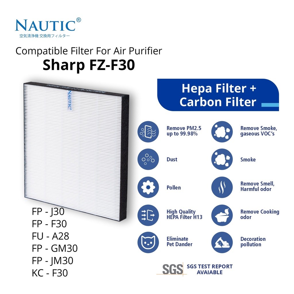 NAUTIC - แผ่นกรอง Hepa sharp FZ-F30HFE สําหรับ FP-J30TA / FZ-Y28FE / FP-F30L-H / FP-F30TA / FPJ30LA 