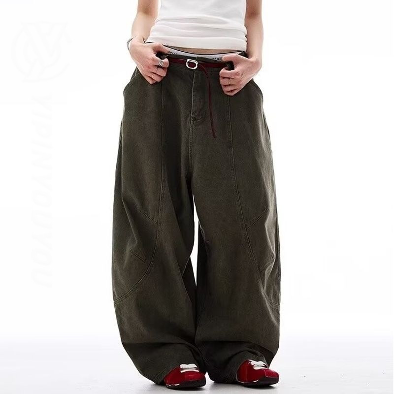 HANLU Casual American Retro Army Green Machete Jeans กางเกงเคียวขากว้างใหม่