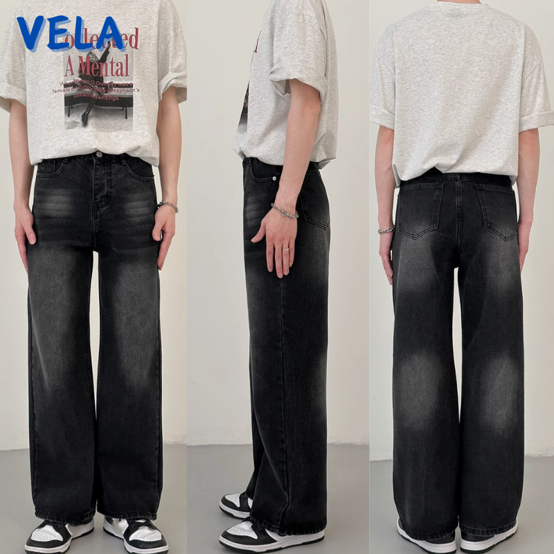 Vela-กางเกงยีนส์ผู้ชาย กระบอกใหญ่  สีดํา ขากว้าง หลวม baggy jeans  สไตล์เกาหลี ย้อนยุค