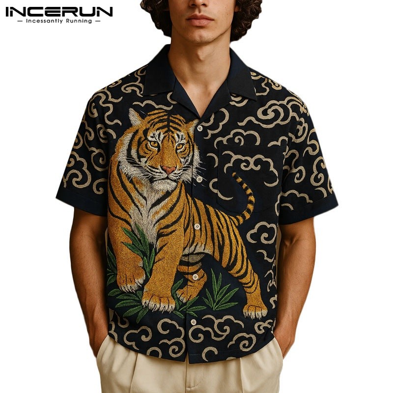 INCERUN ผู้ชายวินเทจอินเทรนด์ปก Raglan แขนเสือพิมพ์ปุ่มขึ้นเสื้อ