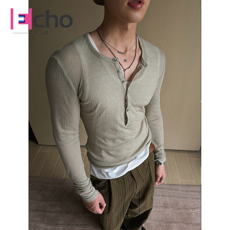 Echo Ridge Spring Summer Thin Sheer Henley Neck Long Sleeve Top with Button Detail