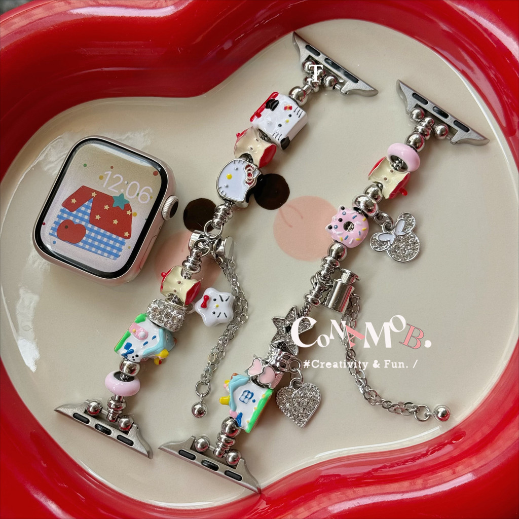 เซรามิคการ์ตูน เคที สายโลหะสําหรับ iดู พิเศษ ชุด iwatch Series S10 9 8 7 6 5 SE 4 3 2 1  ยืดโซ่สุภาพสตรีสายรัดข้อมือสําหรับ iดู iwatch 42 มม.49 มม.46 มม.44 มม.45 มม.41 มม.40 มม.38 มม.