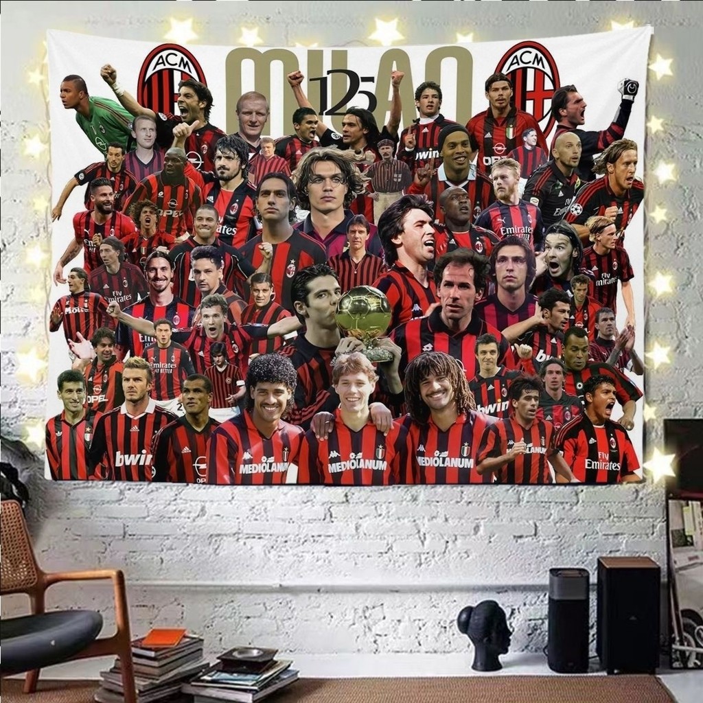 ผ้าพื้นหลังสโมสรฟุตบอล AC Milan สีแดงและดำ ตำนาน AC Milan ผ้าแขวนตกแต่งหอพักข้างเตียง