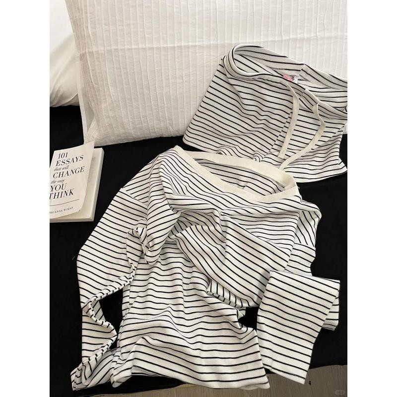 ชุดนอนแขนยาวลายทางสีดำและขาวแบบไม่มีไหล่ สไตล์เกาหลี สำหรับผู้หญิง เหมาะสำหรับฤดูใบไม้ผลิ ฤดูใบไม้ร่วง และฤดูร้อน ชุดลำลองแบบไม่มีไหล่ - รูปที่ 6