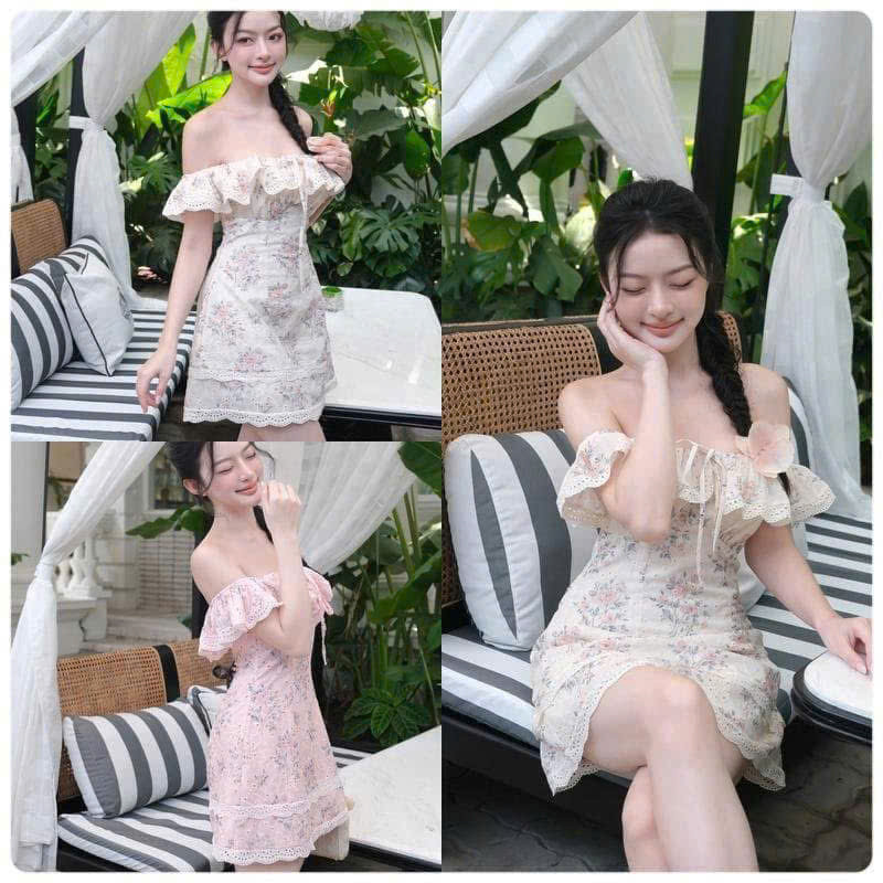 มินิเดรสถังปักลายดอกไม้ปิดไหล่น่ารักพร้อมตัดแต่งลูกไม้และรัฟเฟิล ซับในหน้าอกบุนวมและผ้าพันคอแบบถอดได้สําหรับออกไปข้างนอก