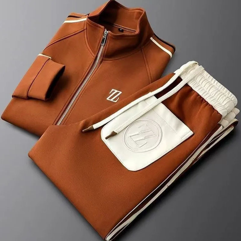 ขายแฟชั่นอินเทรนด์ยืนขึ้นปกชุดกีฬาลําลองฤดูใบไม้ร่วงสไตล์ใหม่แขนยาวกางเกงตรงชุดสองชิ้น