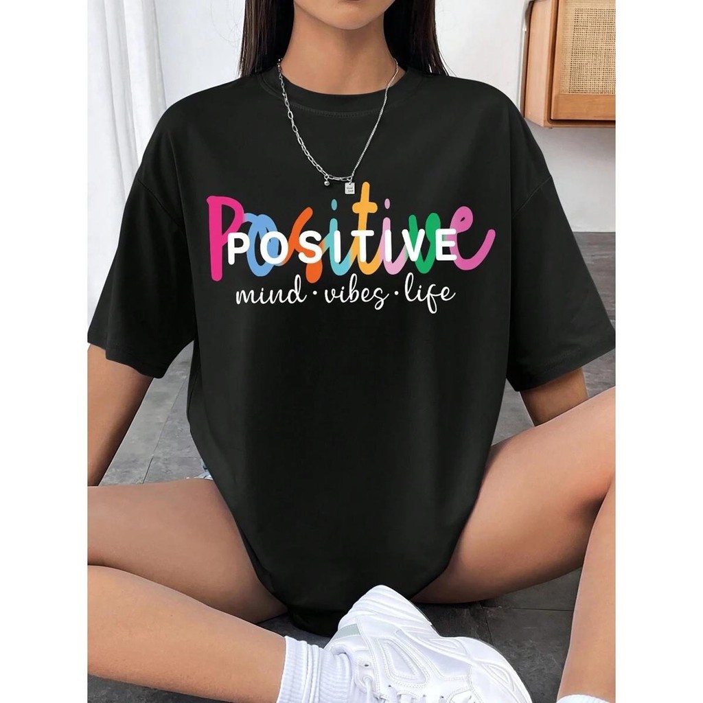 INAWLY Slogan Graphic Drop Shoulder Tee POSITIVE Mind Vibes Life