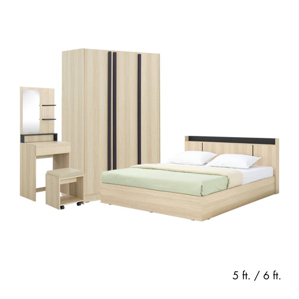 HomeHuk ชุดห้องนอน รุ่นแชมป์ (เตียง, ตู้เสื้อผ้า, โต๊ะเครื่องแป้งพร้อมสตูล) - สีไลท์ วู้ด/ดำ