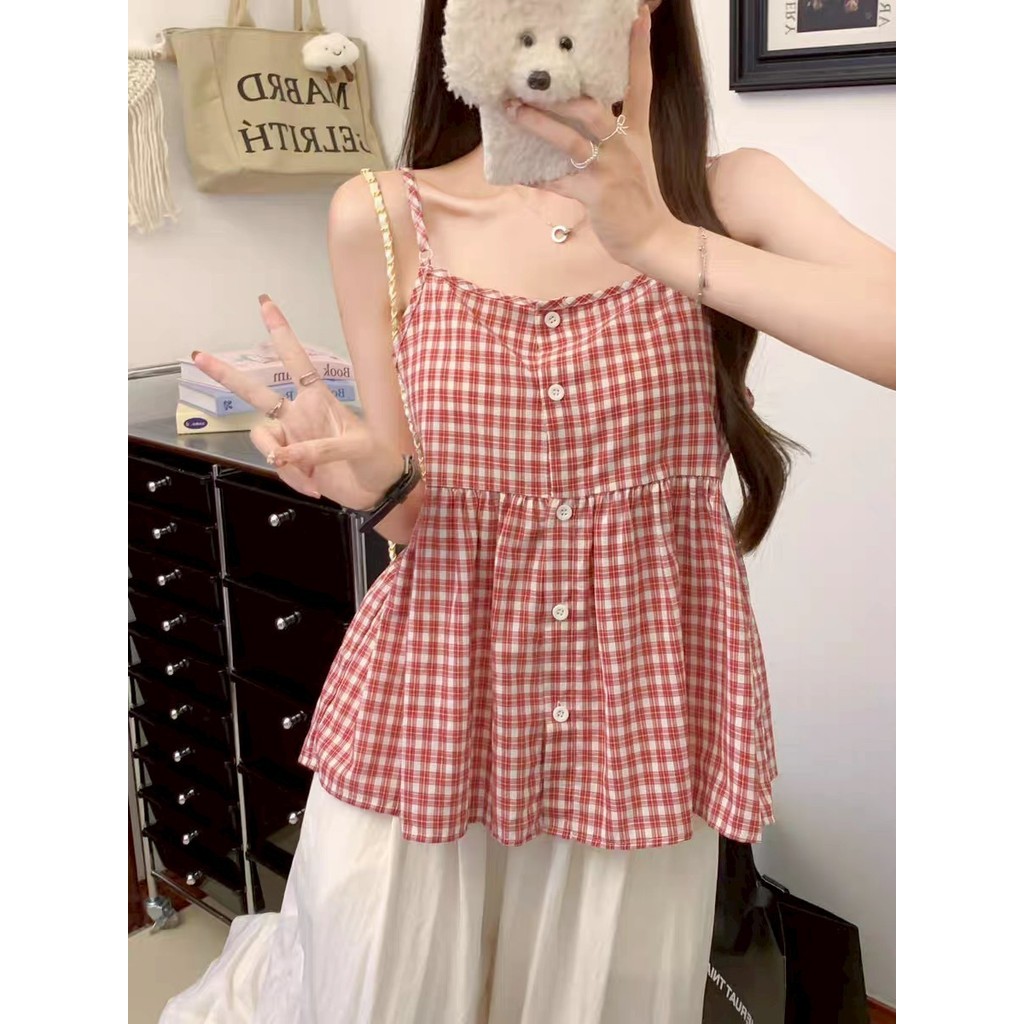 JJ Shop​💜พร้อมส่ง เสื้อสายเดี่ยว ลายสก็อต สีแดงดำ ทรงลวมๆปลายปล่อยน่ารักๆ 