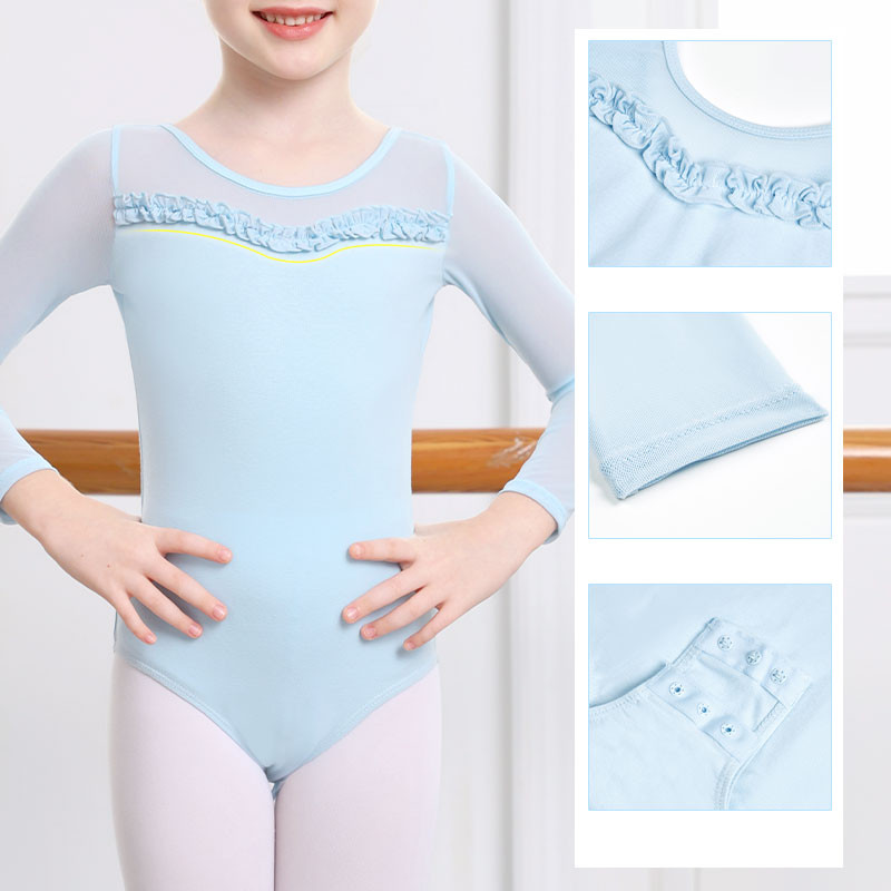 สาวบัลเล่ต์ Leotards ตาข่าย Splice แขนยาว เด็กยิมนาสติก ผ้าฝ้ายลูกไม้บัลเล่ต์เต้นรําบอดี้สูท - รูปที่ 2