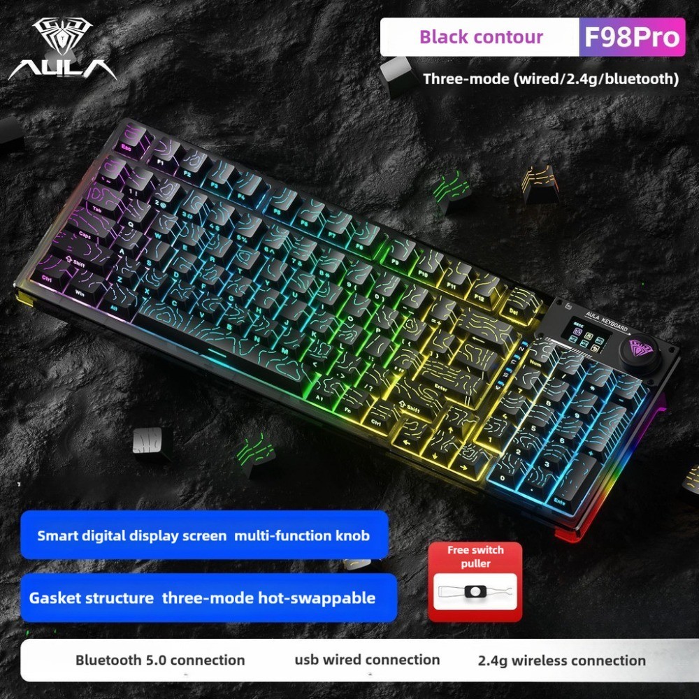 AULA F98 Pro Tri Mode คีย์บอร์ดไร้สายพร้อมจอแสดงผล RGB Hot-Swappable ที่กําหนดเองคีย์บอร์ดเกมของขวัญ