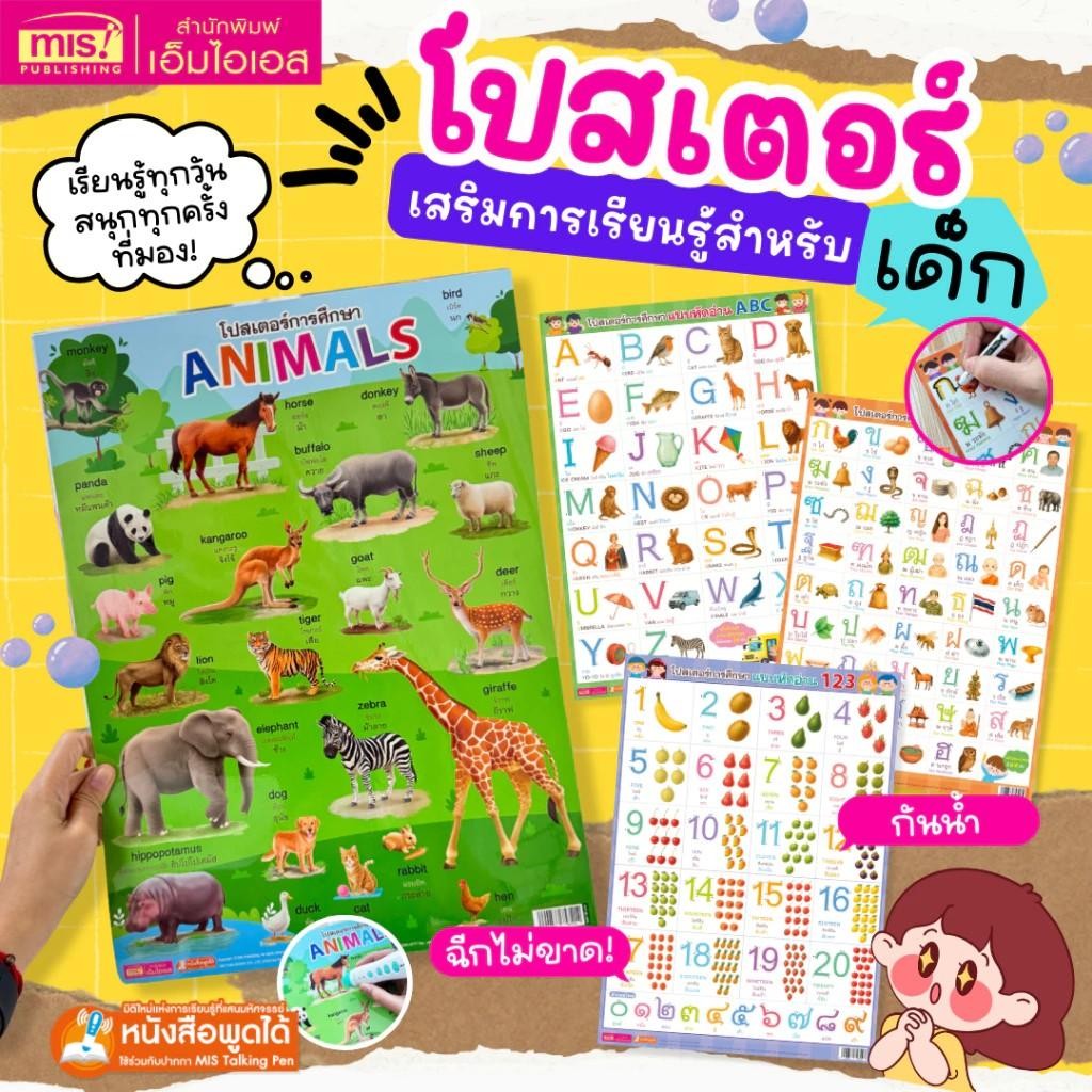 โปสเตอร์เสริมการเรียนรู้สำหรับเด็ก A3 เคลือบแข็งใส แบบฝึกอ่าน ก-ฮ | ABC | 123 เป็ดน้อยหมวกแดง