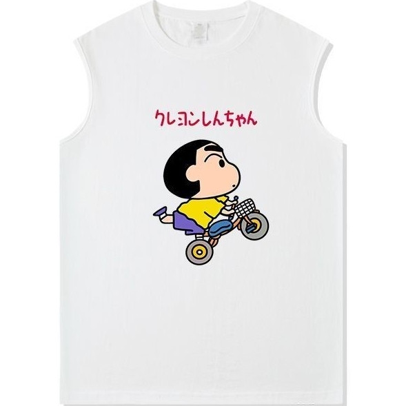 NEW เสื้อแขนกุด ลายชินจังขี่รถ สีขาวสีดำ OP-1137