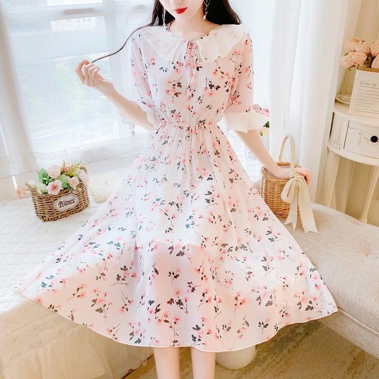 ชุดเดรสสไตล์เกลือ PN4T ขนาดใหญ่ ฤดูร้อนใหม่ ความยาวกลาง คอตุ๊กตาหวาน ลายดอกไม้ ชิฟฟอน ชุดนางฟ้าสำหรั