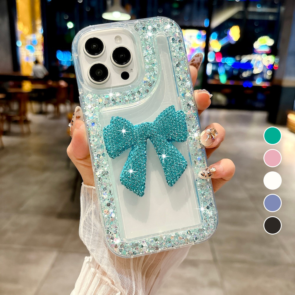 แฟชั่นโปร่งใสน่ารักรักโบว์เคสโทรศัพท์สําหรับiPhone 16 15 14 13 12 11 Pro Max 15 Plus X Xs Max Glitterนุ่มฝาครอบ