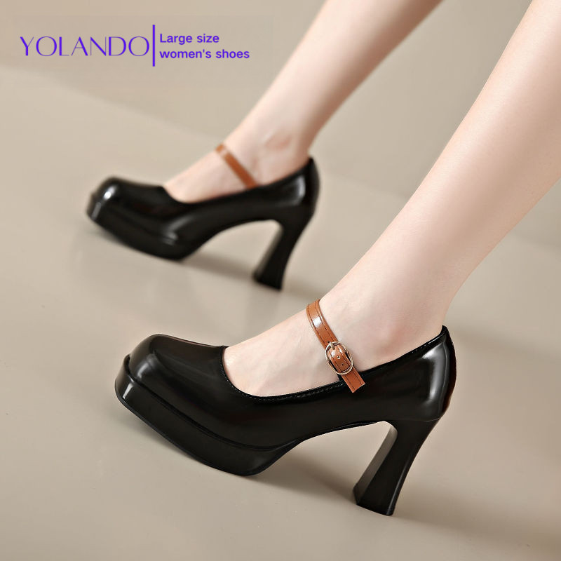 YOLANDO รองเท้าผู้หญิงขนาดใหญ่ 35-43 ขนาด-รองเท้าผู้หญิงขนาดใหญ่แพลตฟอร์มกันน้ํารองเท้าส้นสูง Classy ส้นหนาสายคล้องคอรองเท้าเดียวรองเท้าผู้หญิงผ