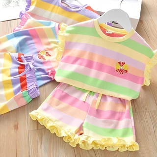 พร้อมส่ง ชุด2ชิ้น เสื้อคอกลม แขนสั้น กางเกง ลายปักดอกไม้ สีชมพู สีรุ้ง สไตล์เกาหลี สําหรับเด็กผู้หญิง พร้อมส่งในประไทย