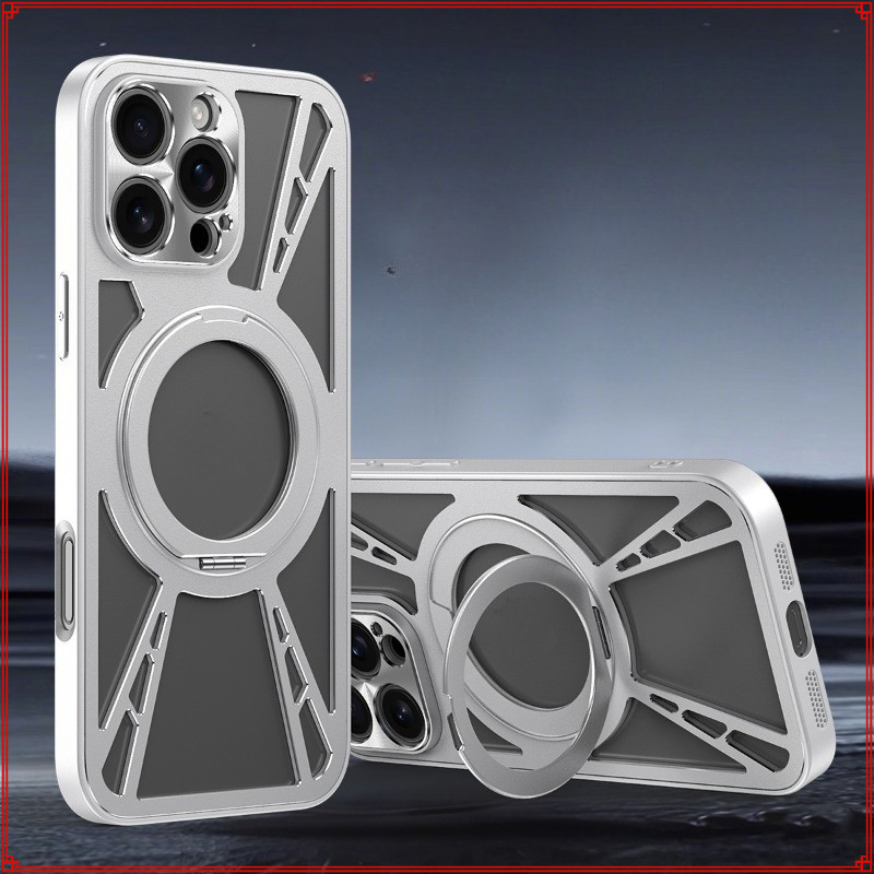 อลูมิเนียมกระจายความร้อนเคสโทรศัพท์สําหรับIPhone 16 15 14 13 12 11 Pro Maxแม่เหล็กหมุนวงเล็บฝาครอบป้องกันIP XS MAS/XR/X High end hollow anti drop shell