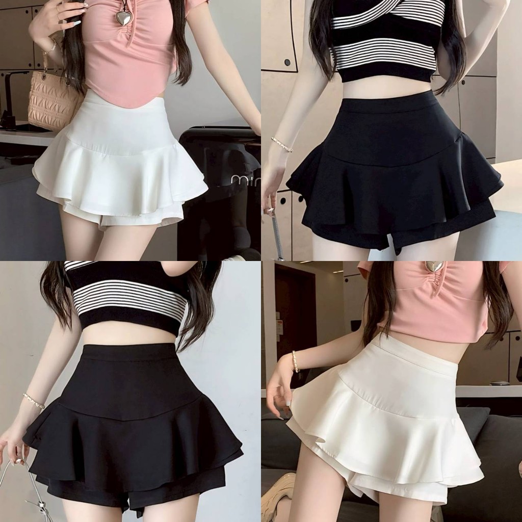 Pudding 💗พร้อมส่ง💗 【เกงกระโปรง】 กระโปรงกางเกงเอวสูง ทรงปลายบาน สีขาวดำ ผ้านุ่มนิ่ามากใส่สบาย "FY2882"