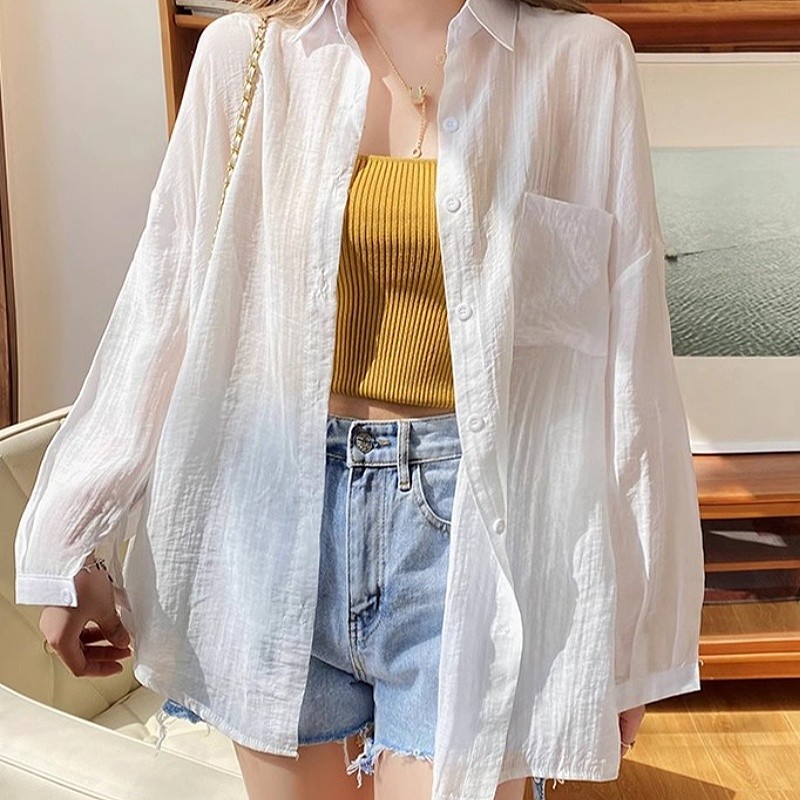 Kaekai พร้อมส่ง เสื้อเชิ้ต แขนยาว คอปก สไตล์ลำลอง ผ้าชีฟองเนื้อบาง มีกระเป๋าหน้า ชายแต่งเว้า สไตล์เกาหลี ทรงสวยมาก