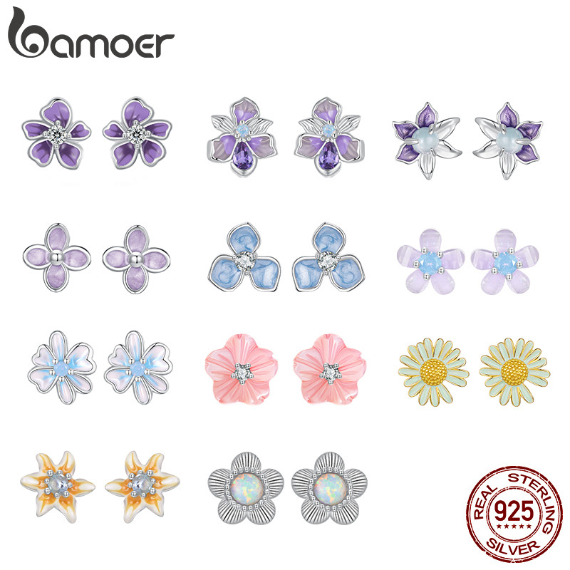 BAMOER บามอส 925เงินสเตอร์ลิง ต่างหูคอลเลกชันดอกไม้ขนาดเล็ก เครื่องประดับผู้หญิง ของขวัญป้องกันการแพ้