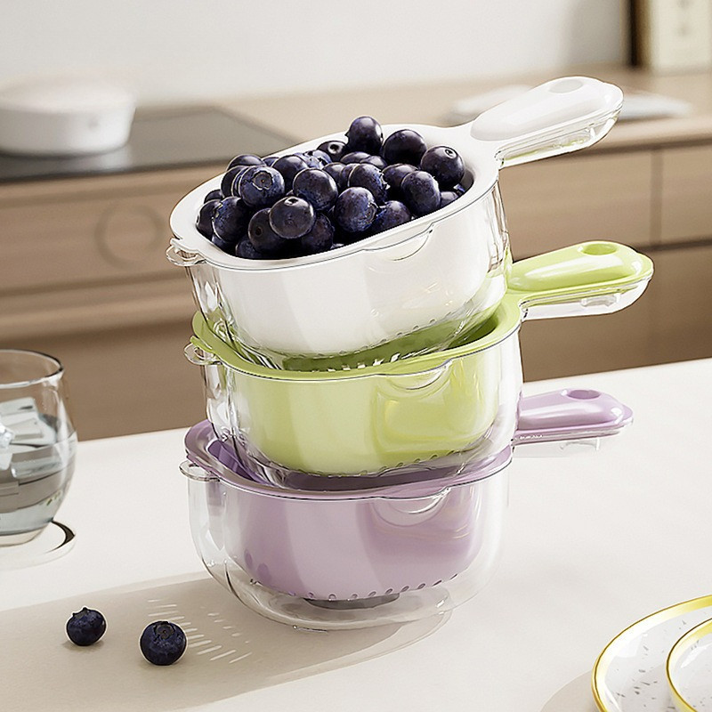 - Double Layer Strainer Bowl with Handle - Rinse & Drain Cute Design Food-Grade Material